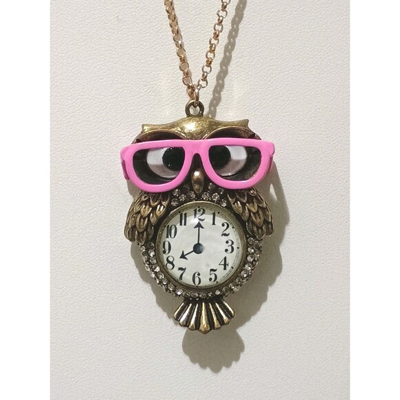 Betsey Johnson Back To Cool Owl Pink Glasses Faux Clock Pendant Necklace New - Picture 4 of 8